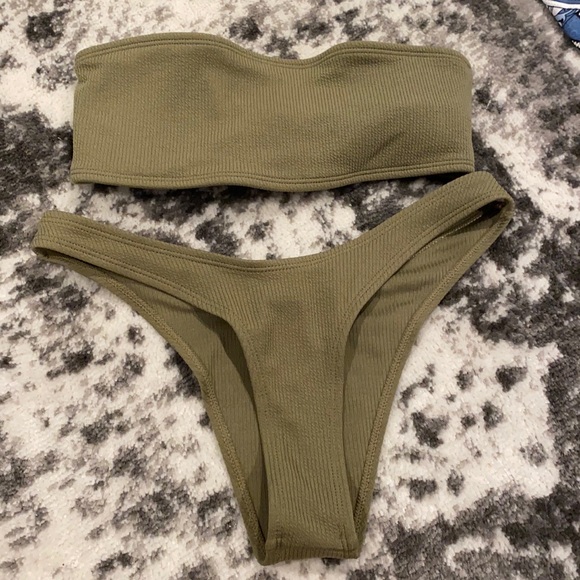 Olive green bandeau bathing suit with tie back - Picture 2 of 5